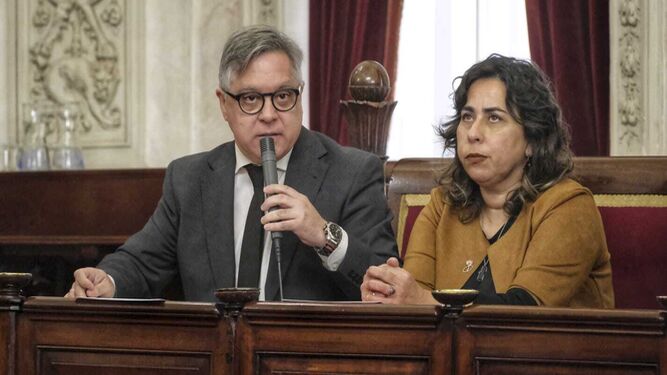 El portavoz del PSOE en el Ayuntamiento de Cádiz, Óscar Torres, durante un Pleno.